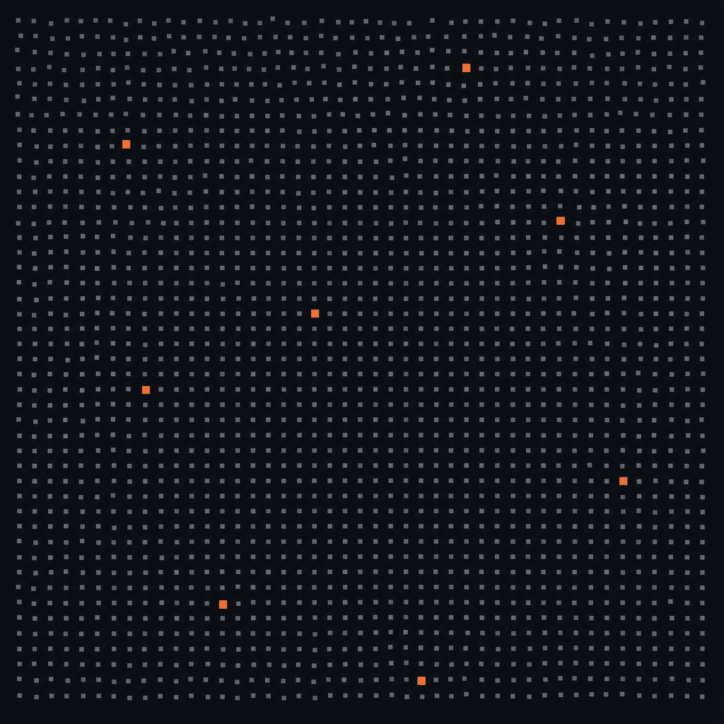 Un champ dense de points gris identiques, dont huit sont orange.